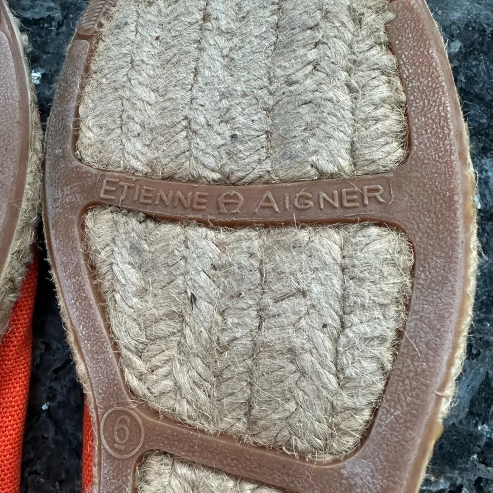 Etienne Aigner Orange Espadrille Flats with Floral Detail Leather Upper Size 6